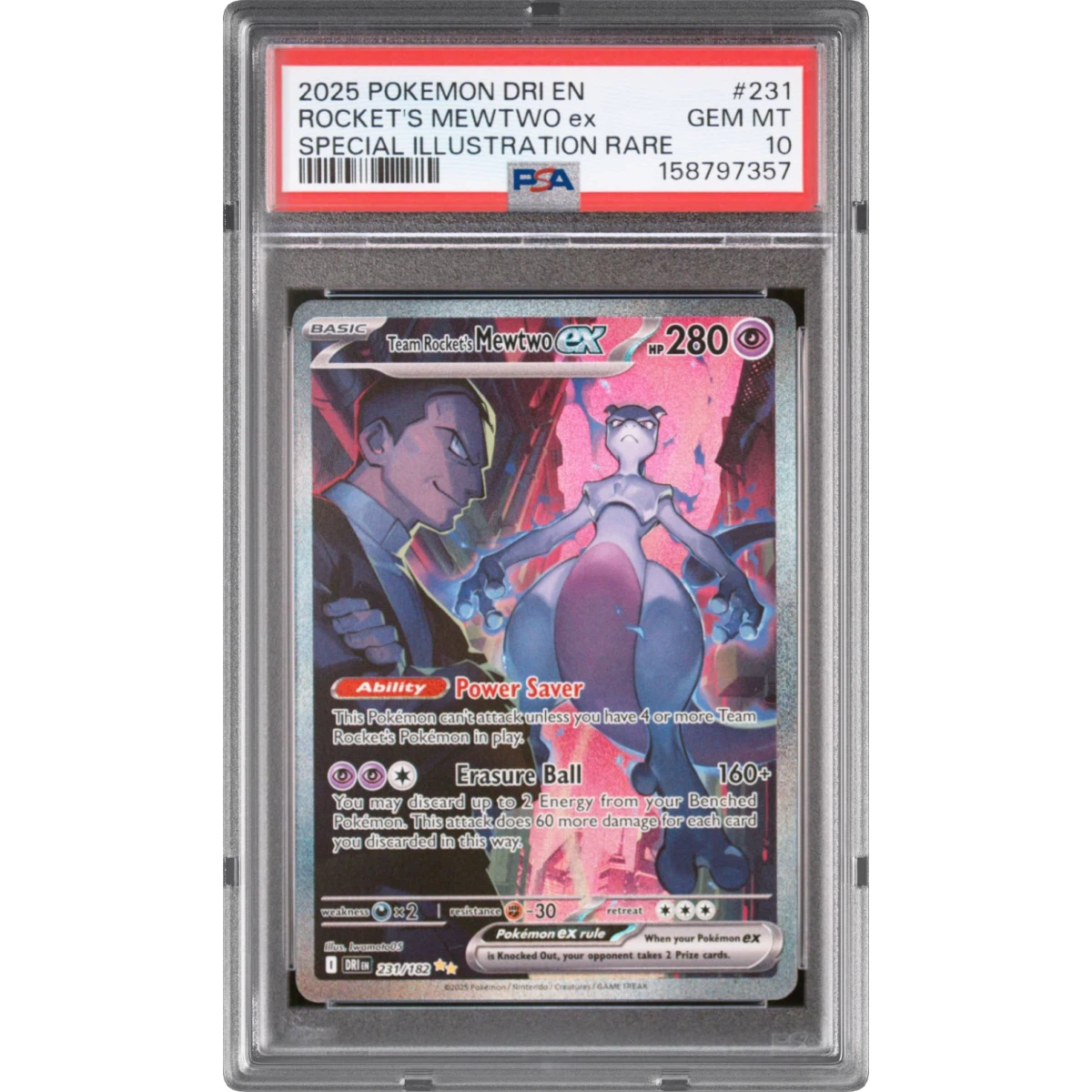 2025 Pokémon Dri EN-Destined Rivals #231 Team Rocket's Mewtwo EX - Holo Special Illustration Rare (PSA 10 GEM MINT)