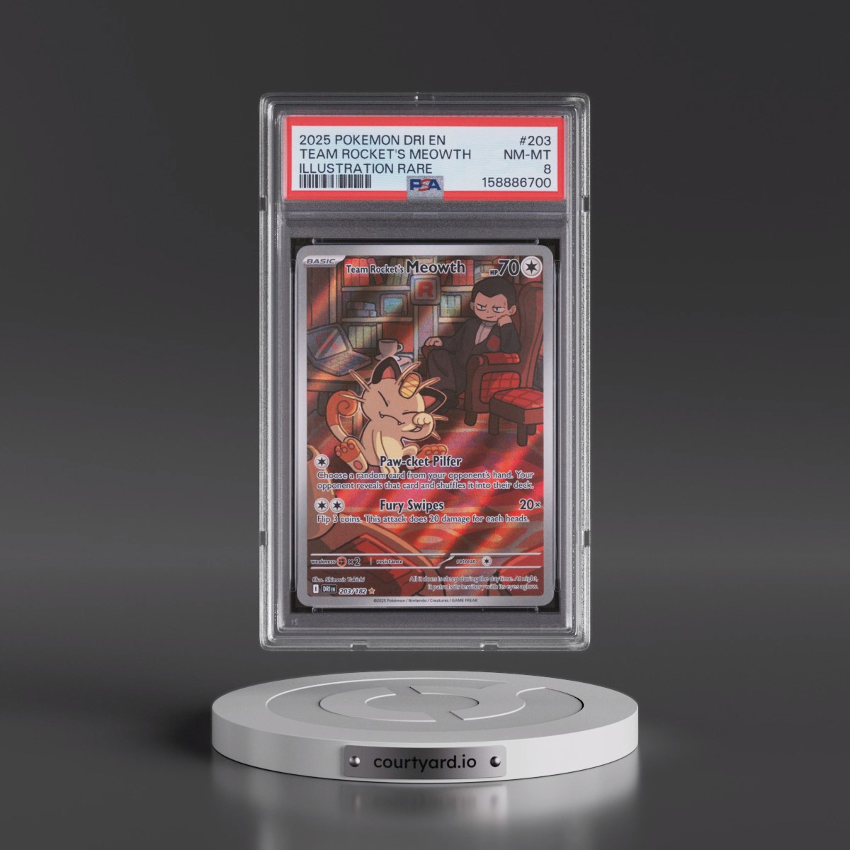 2025 Pokémon Dri EN-Destined Rivals #203 Team Rocket's Meowth - Illustration Rare (PSA 8 NM-MT)