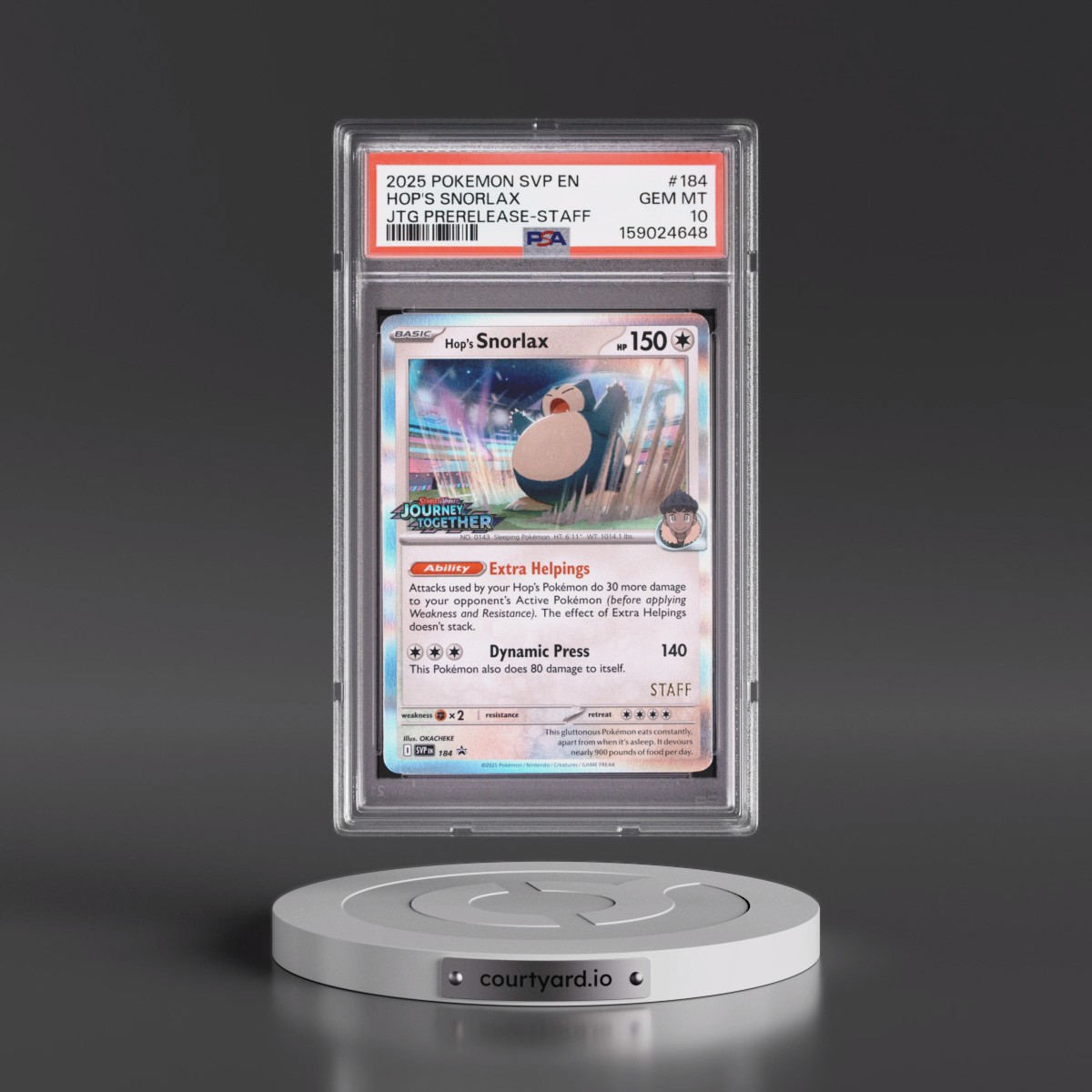 2025 Pokémon Svp EN-SV Black Star Promo Hop's Snorlax - Journey Together Prerelease-Staff #184 PSA 10