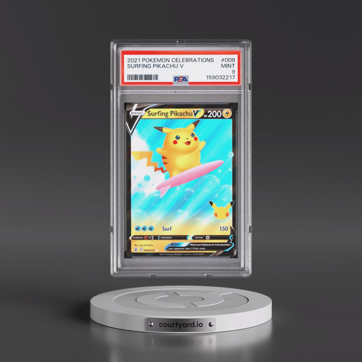 2021 Pokémon Celebrations #008 Surfing Pikachu V - Holo (PSA 9 MINT)