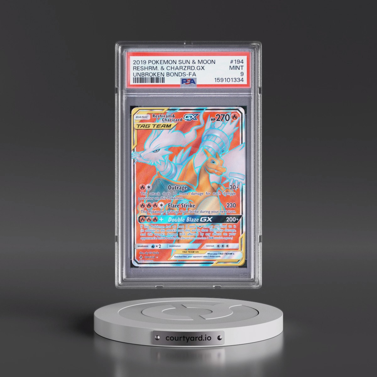 2019 Pokémon Sun & Moon Unbroken Bonds #194 Reshiram & Charizard GX - Holo Full Art (PSA 9 MINT)
