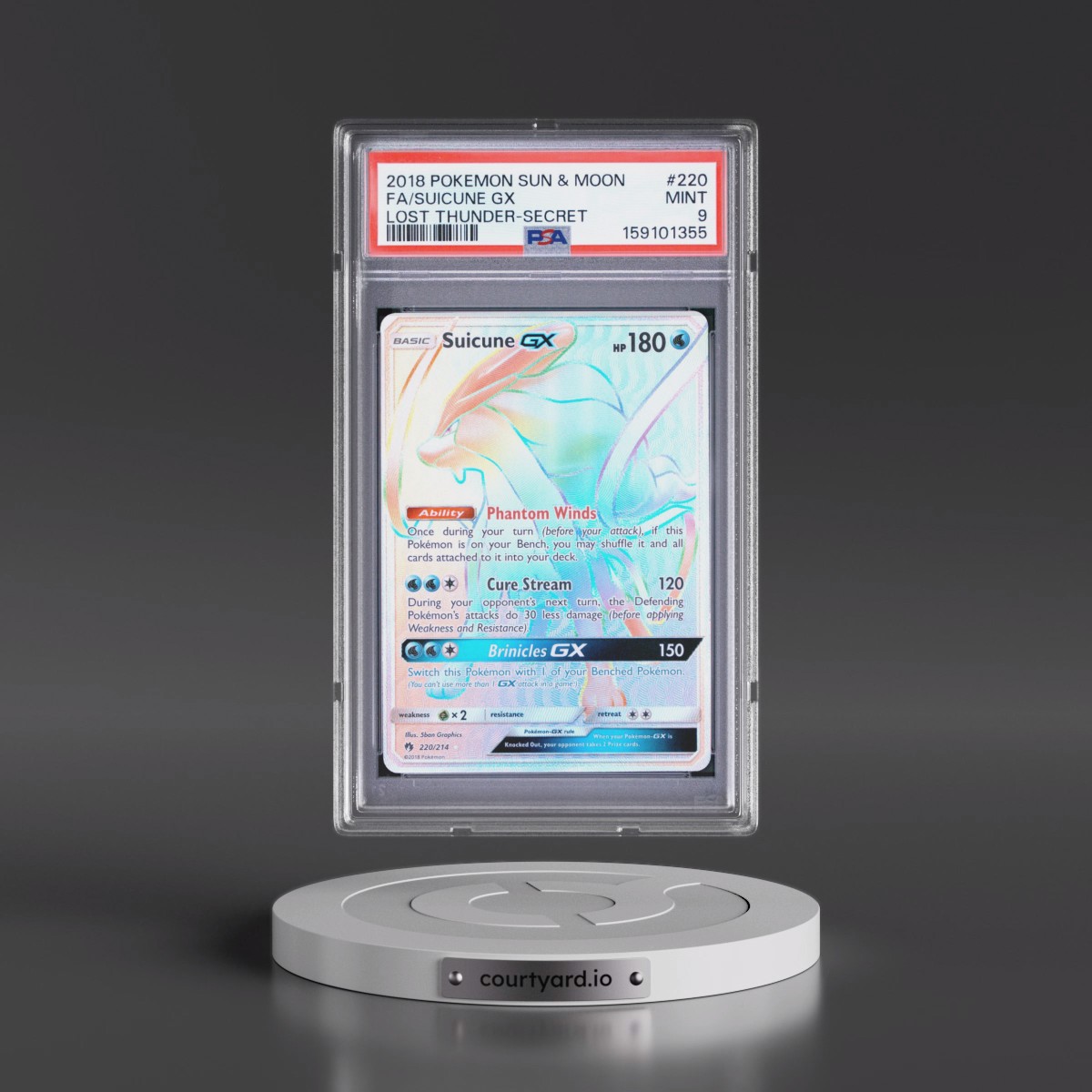 2018 Pokémon Sun & Moon Lost Thunder #220 Suicune GX - Holo Full Art Secret (PSA 9 MINT)