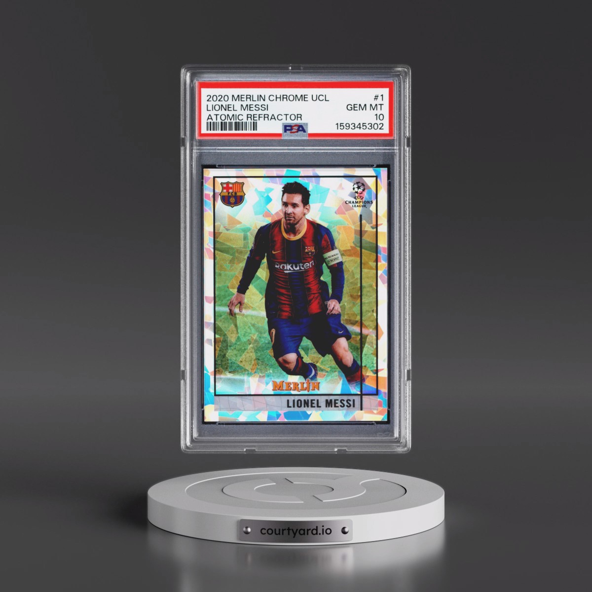 2020 Topps Merlin Chrome UEFA Champions League Lionel Messi - Atomic Refractor #1 PSA 10