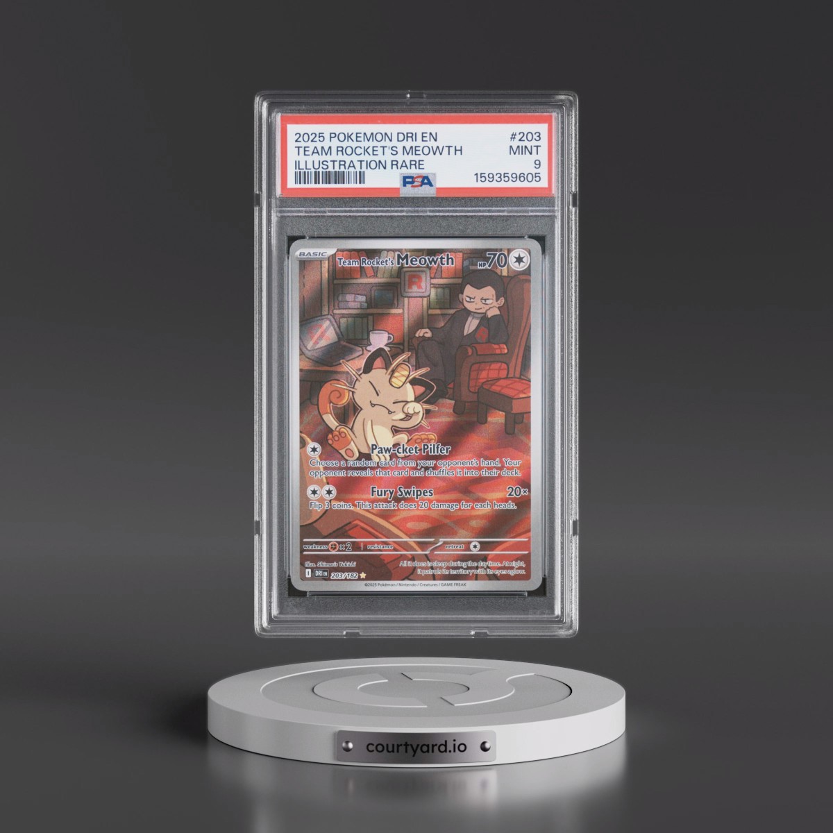 2025 Pokémon Dri EN-Destined Rivals #203 Team Rocket's Meowth - Illustration Rare (PSA 9 MINT)