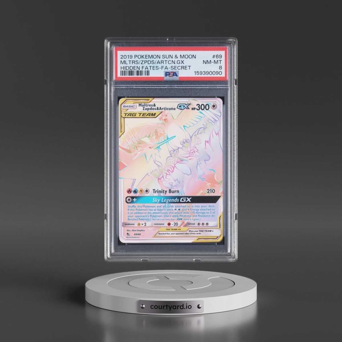 2019 Pokémon Sun & Moon Hidden Fates #69 Moltres & Zapdos & Articuno GX - Holo Full Art Secret (PSA 8 NM-MT)
