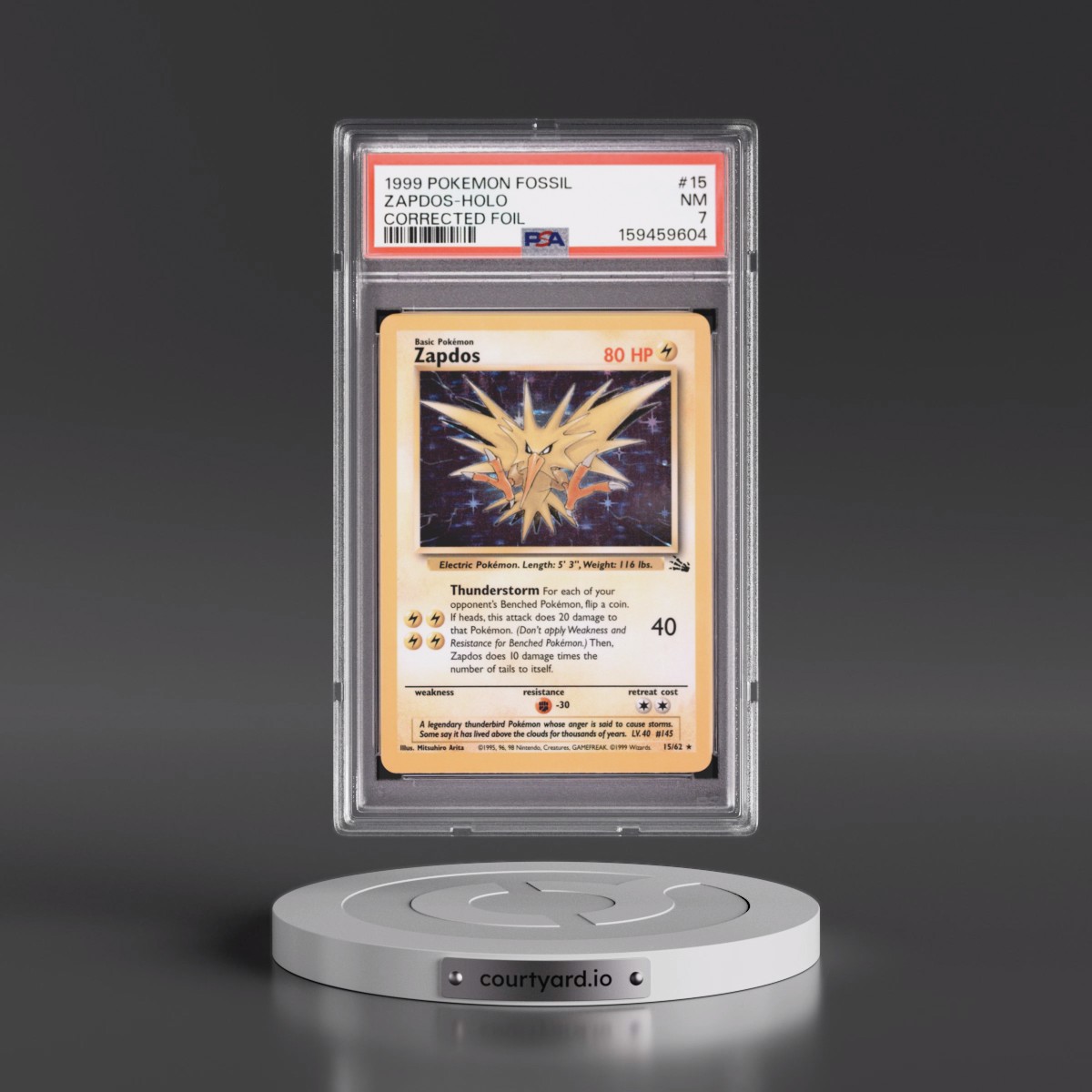 1999 Pokémon Fossil #15 Zapdos - Holo Corrected Foil (PSA 7 NM)