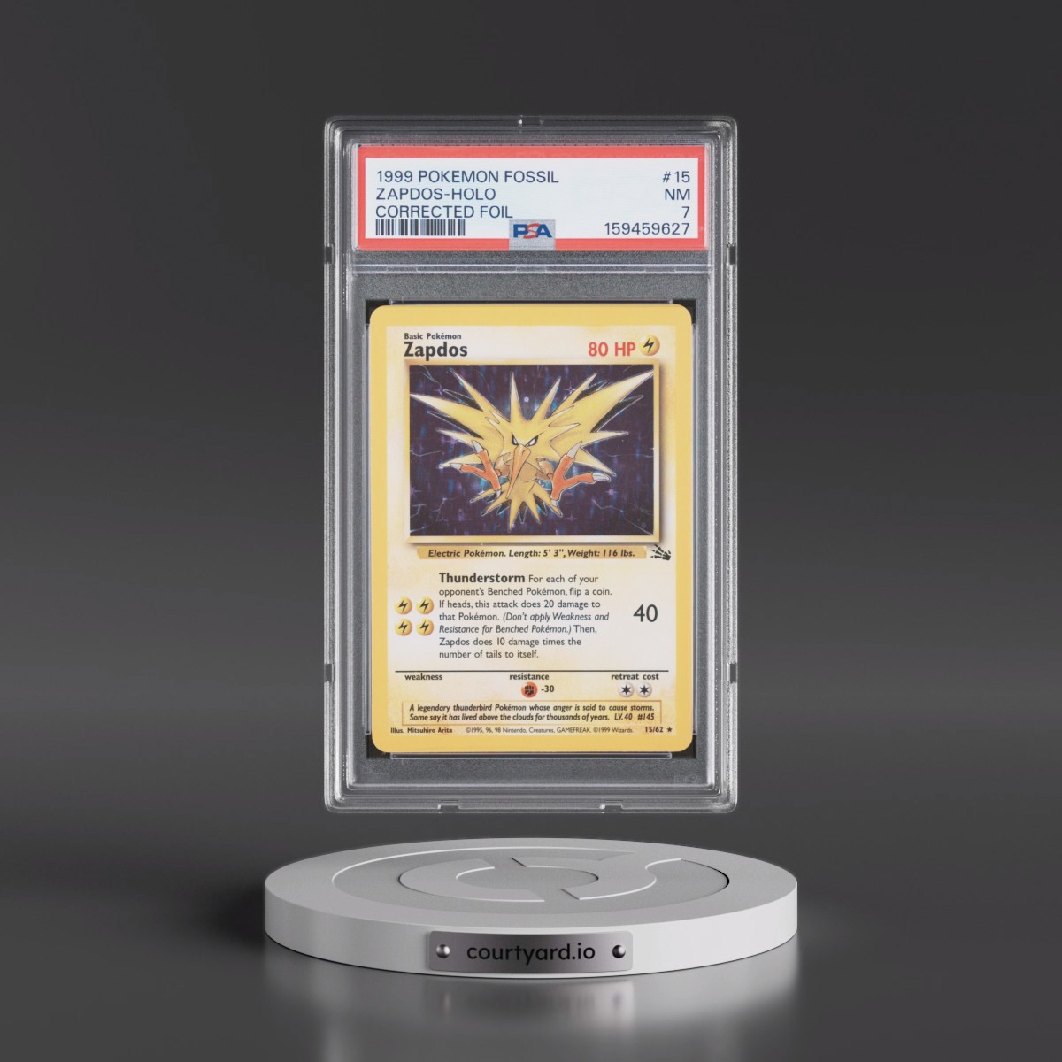 1999 Pokémon Fossil #15 Zapdos - Holo Corrected Foil (PSA 7 NM)