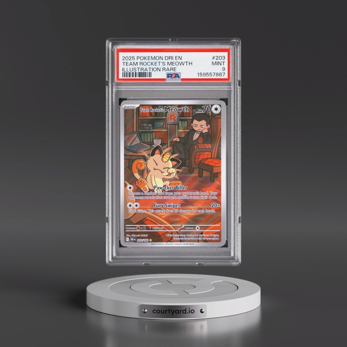2025 Pokémon Dri EN-Destined Rivals #203 Team Rocket's Meowth - Illustration Rare (PSA 9 MINT)
