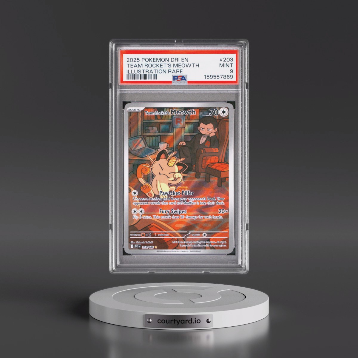 2025 Pokémon Dri EN-Destined Rivals #203 Team Rocket's Meowth - Illustration Rare (PSA 9 MINT)