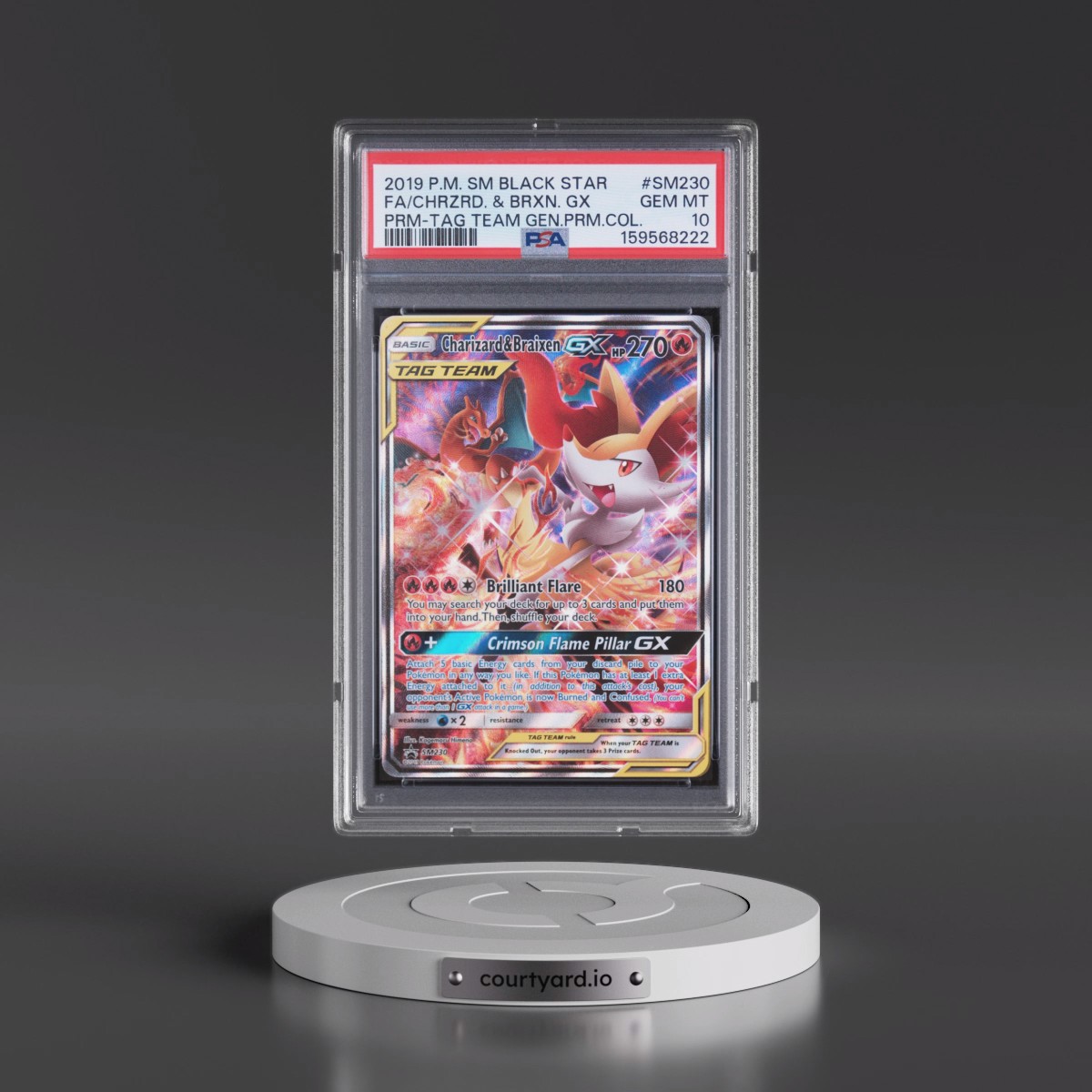 2019 Pokémon SM Black Star Promo #SM230 Charizard & Braixen GX - Holo Full Art Tag Team Generations Premium Collection (PSA 10 GEM MINT)
