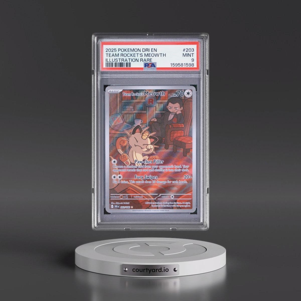 2025 Pokémon Dri EN-Destined Rivals #203 Team Rocket's Meowth - Illustration Rare (PSA 9 MINT)
