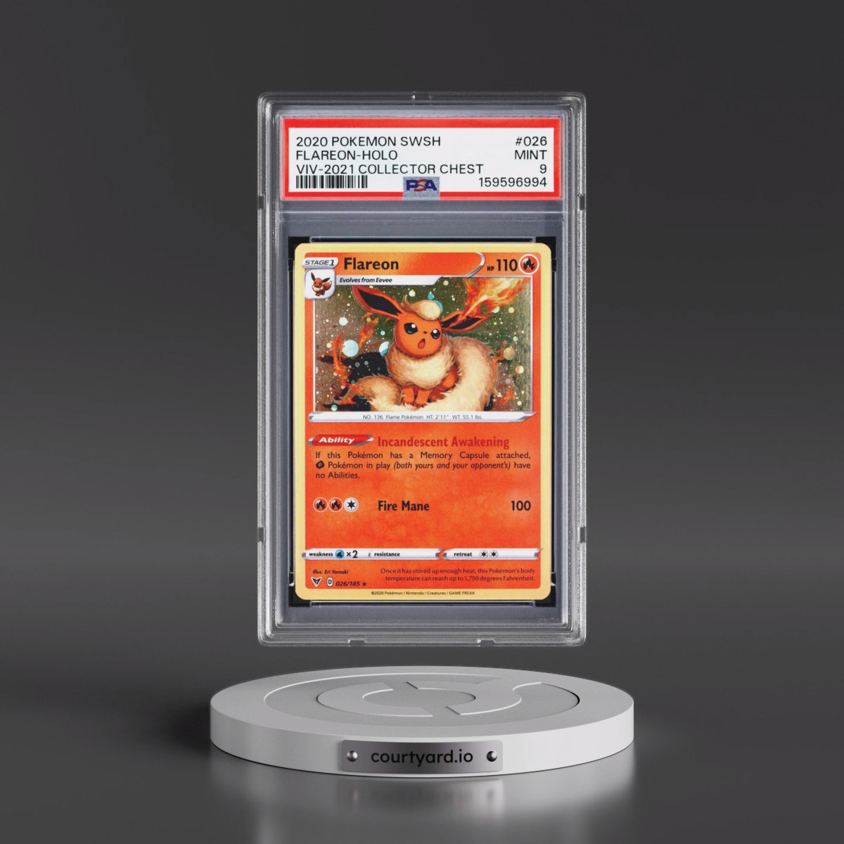 2020 Pokémon Sword & Shield Vivid Voltage #026 Flareon - Holo 2021 Collector Chest (PSA 9 MINT)
