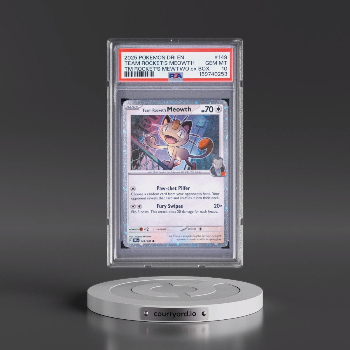2025 Pokémon Dri EN-Destined Rivals #149 Team Rocket's Meowth - Team Rocket's Mewtwo EX Box (PSA 10 GEM MINT)