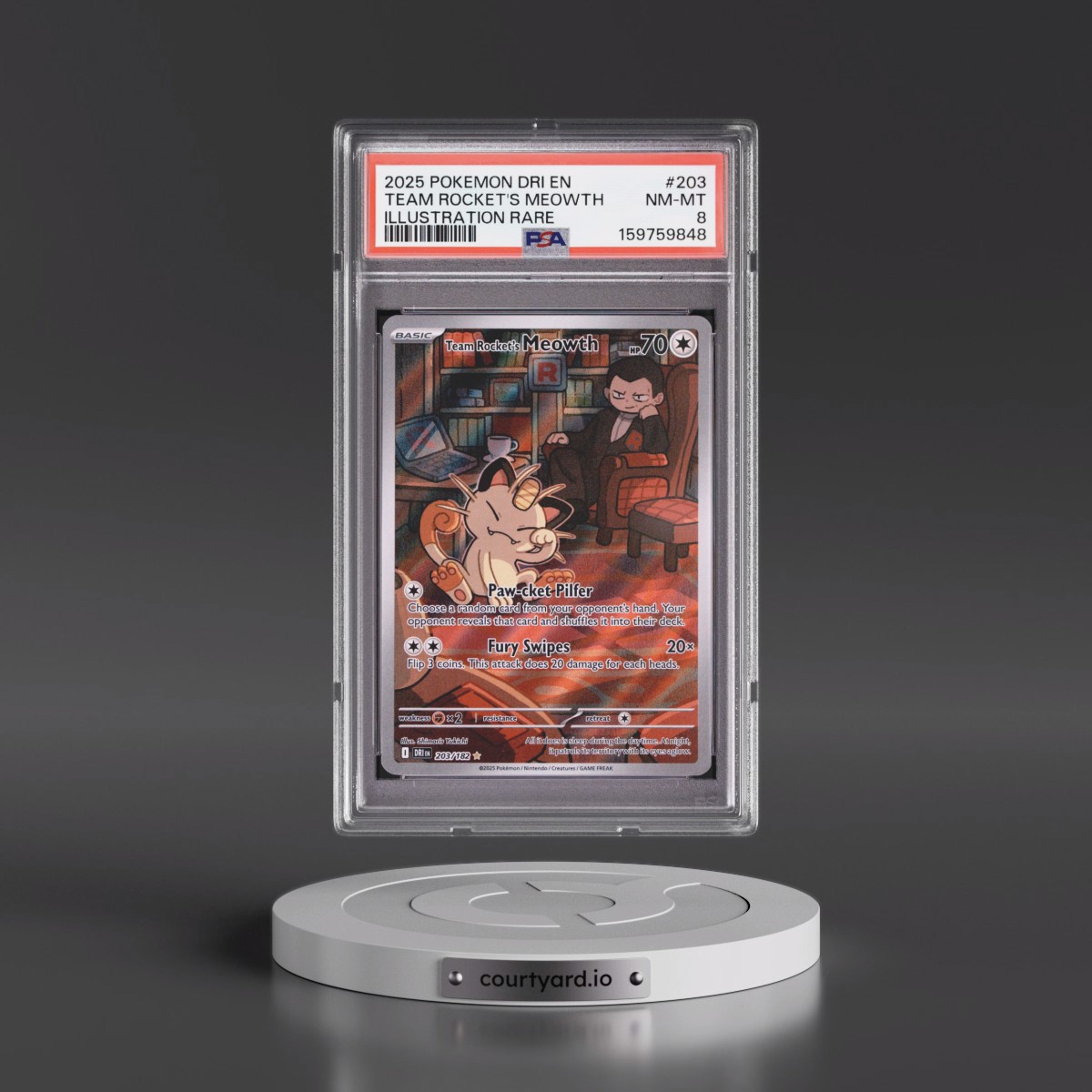 2025 Pokémon Dri EN-Destined Rivals #203 Team Rocket's Meowth - Illustration Rare (PSA 8 NM-MT)