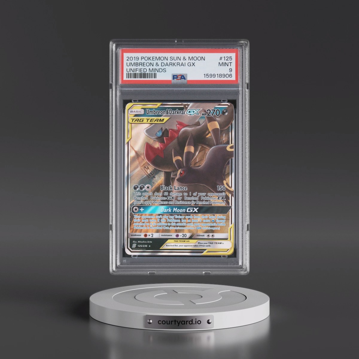 2019 Pokémon Sun & Moon Unified Minds #125 Umbreon & Darkrai GX - Holo (PSA 9 MINT)