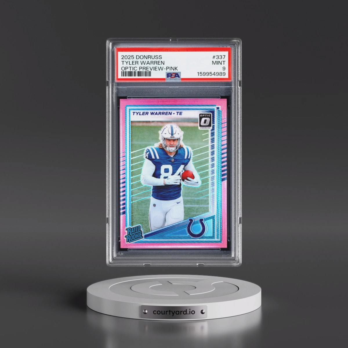 2025 Panini Donruss #337 Tyler Warren - Optic Preview-Pink (PSA 9 MINT)