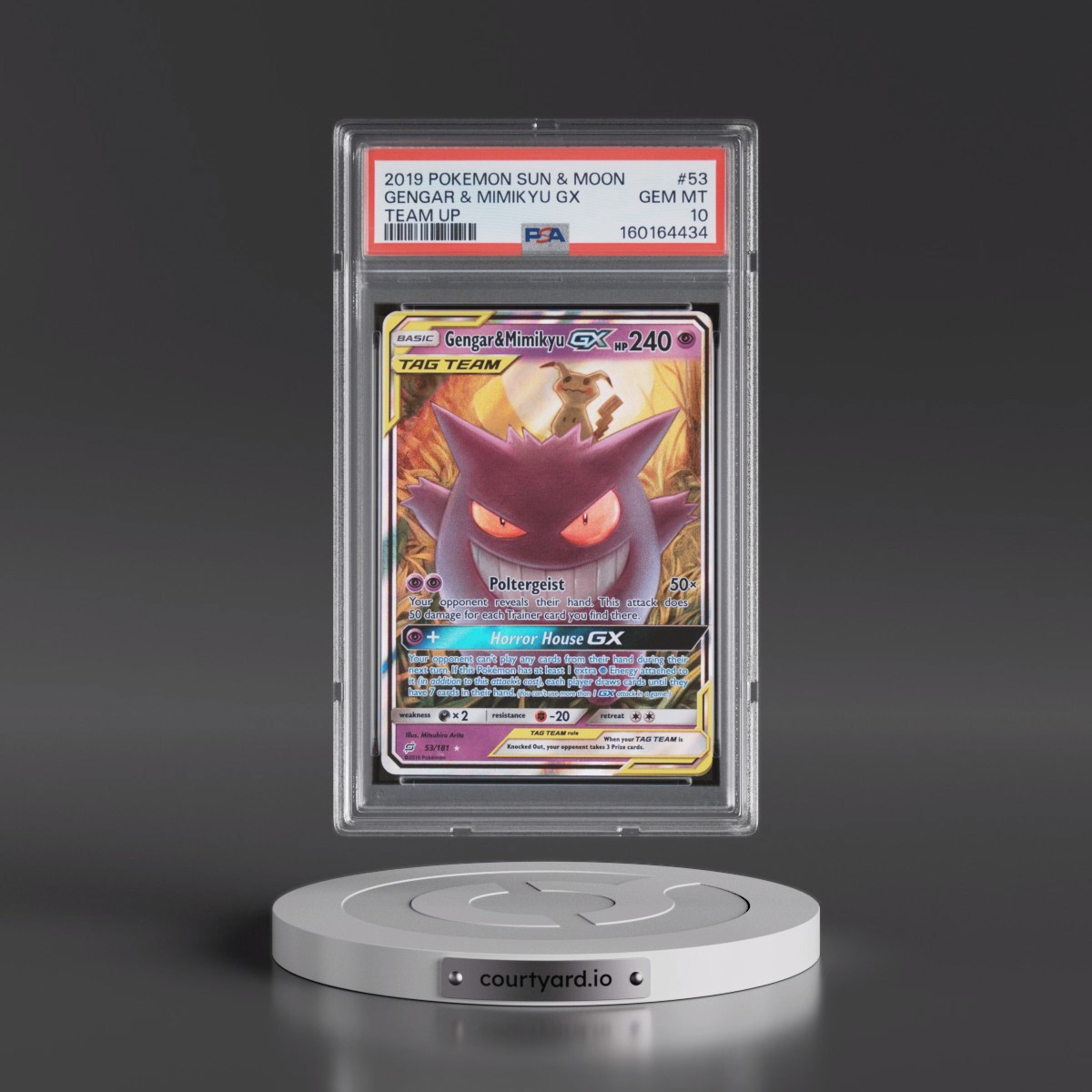 2019 Pokémon Sun & Moon Team Up #53 Gengar & Mimikyu GX - Holo (PSA 10 GEM MINT)