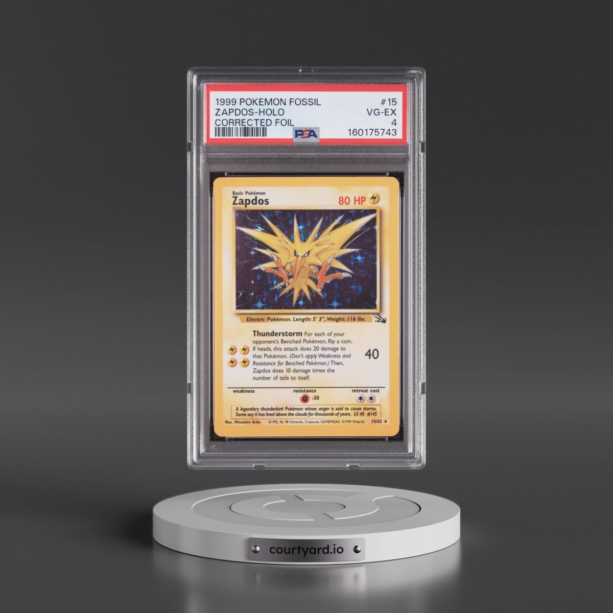 1999 Pokémon Fossil #15 Zapdos - Holo Corrected Foil (PSA 4 VG-EX)