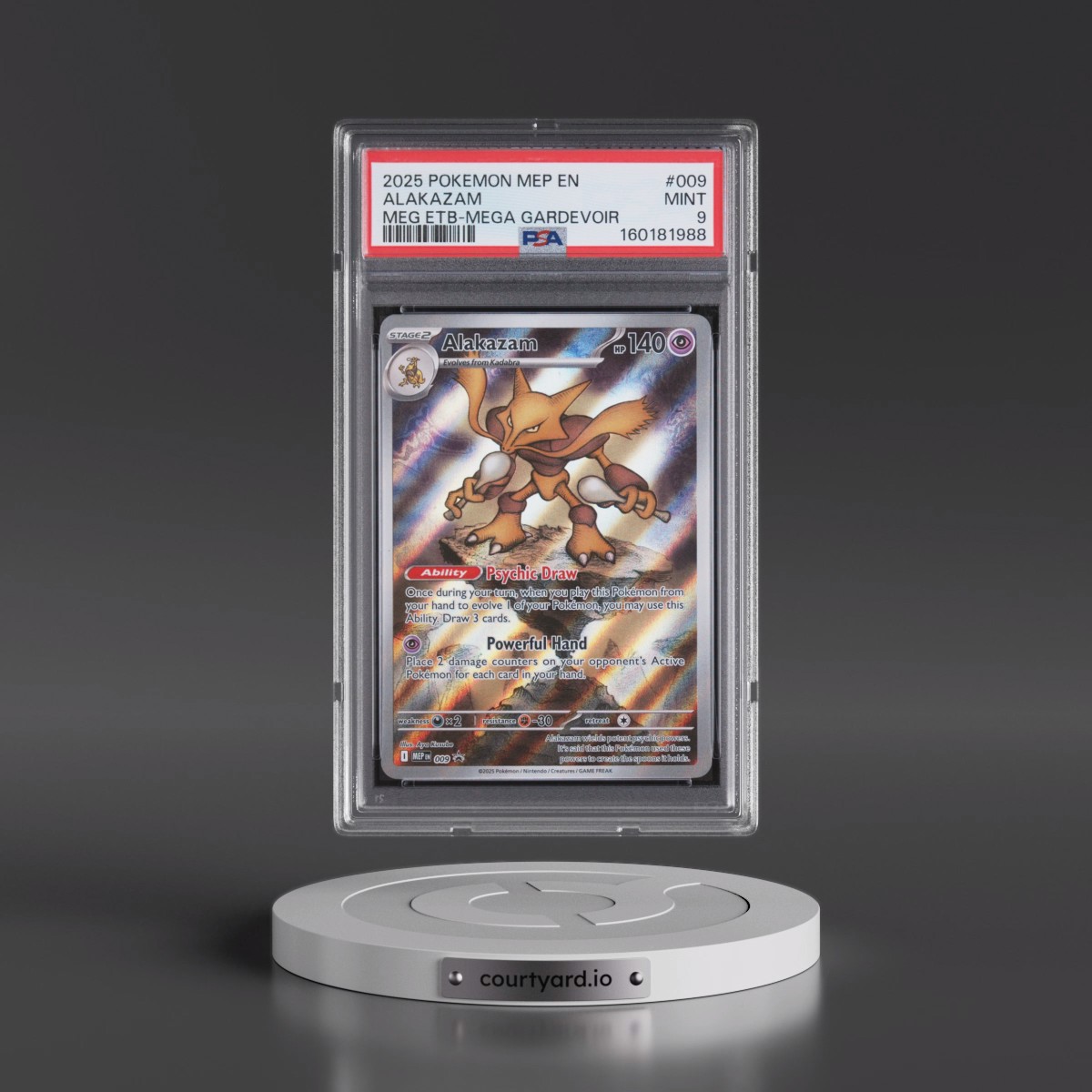 2025 Pokémon Mep EN-Me Black Star Promo #009 Alakazam - Mega Evolution Elite Trainer Box-Mega Gardevoir (PSA 9 MINT)