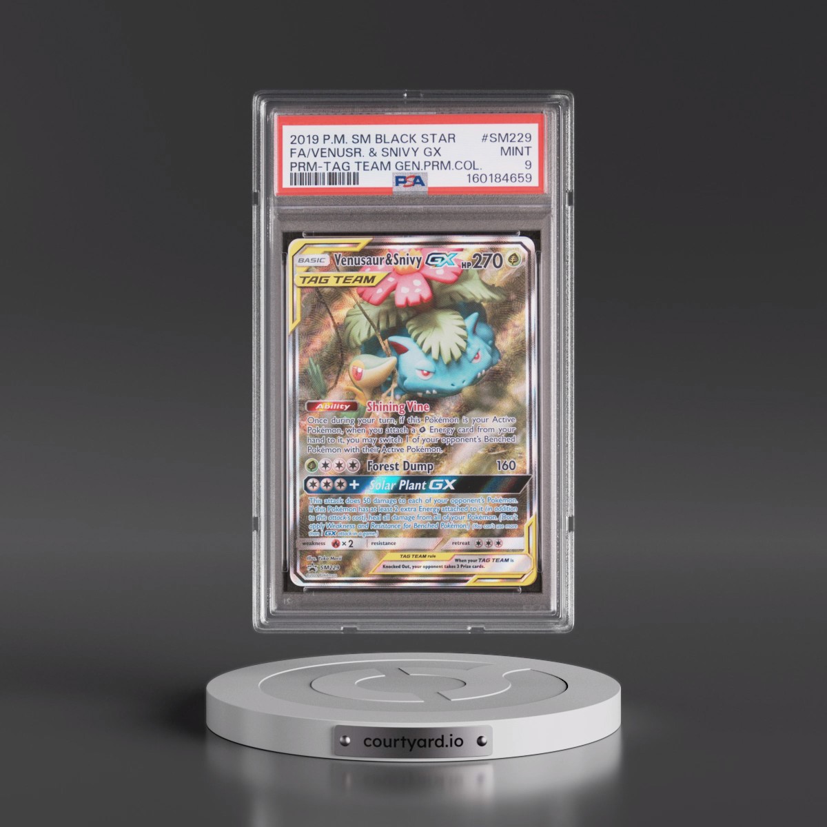 2019 Pokémon SM Black Star Promo #SM229 Venusaur & Snivy GX - Holo Full Art Tag Team Generations Premium Collection (PSA 9 MINT)