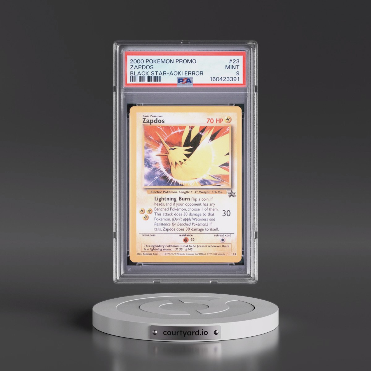 2000 Pokémon Promo Black Star #23 Zapdos - Toshinao Aoki Error (PSA 9 MINT)