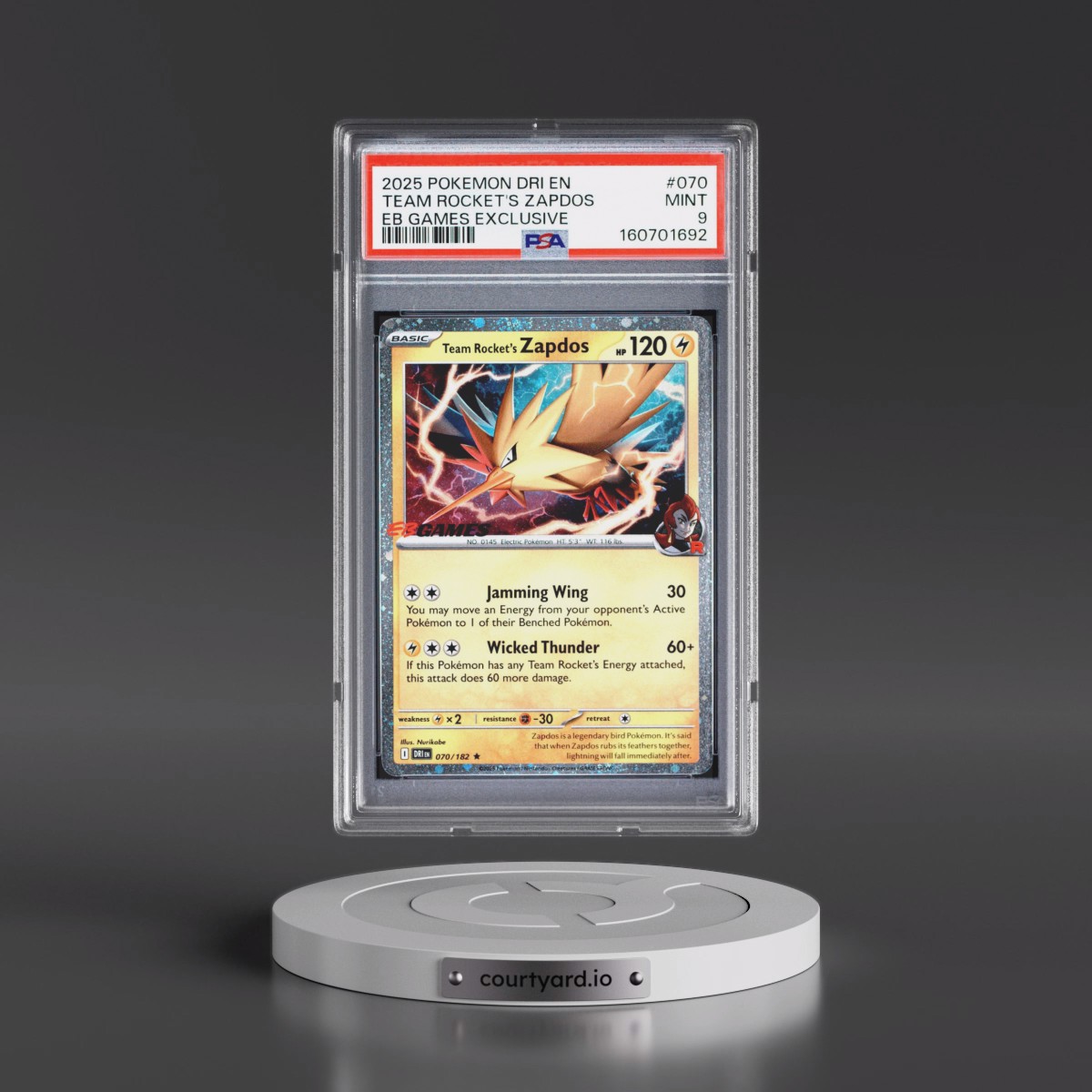 2025 Pokémon Dri EN-Destined Rivals #070 Team Rocket's Zapdos - EB Games Exclusive (PSA 9 MINT)