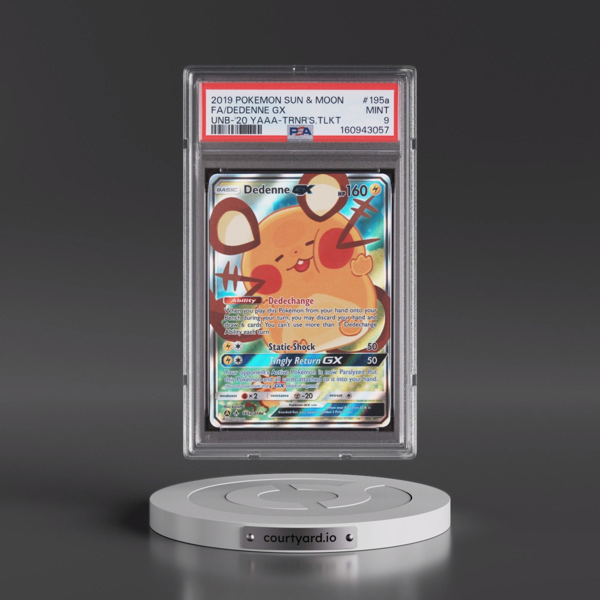 2019 Pokémon Sun & Moon Unbroken Bonds #195a Dedenne GX - Holo Full Art 2020 Yellow A Alternate Art Trainer's Toolkit (PSA 9 MINT)