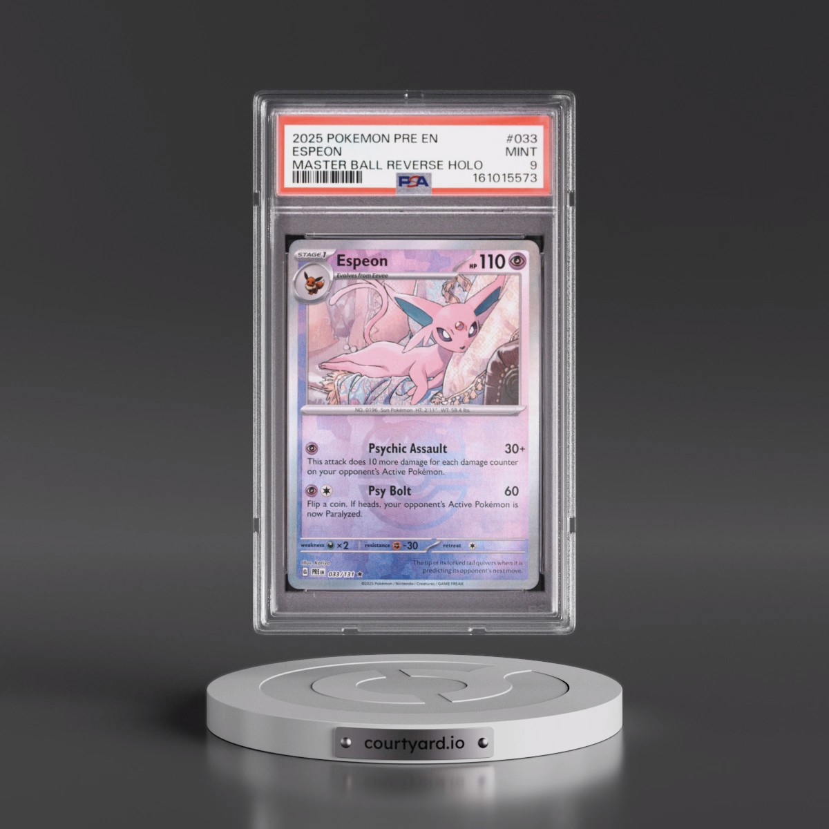 2025 Pokémon Pre EN-Prismatic Evolutions #033 Espeon - Reverse Holo Master Ball (PSA 9 MINT)