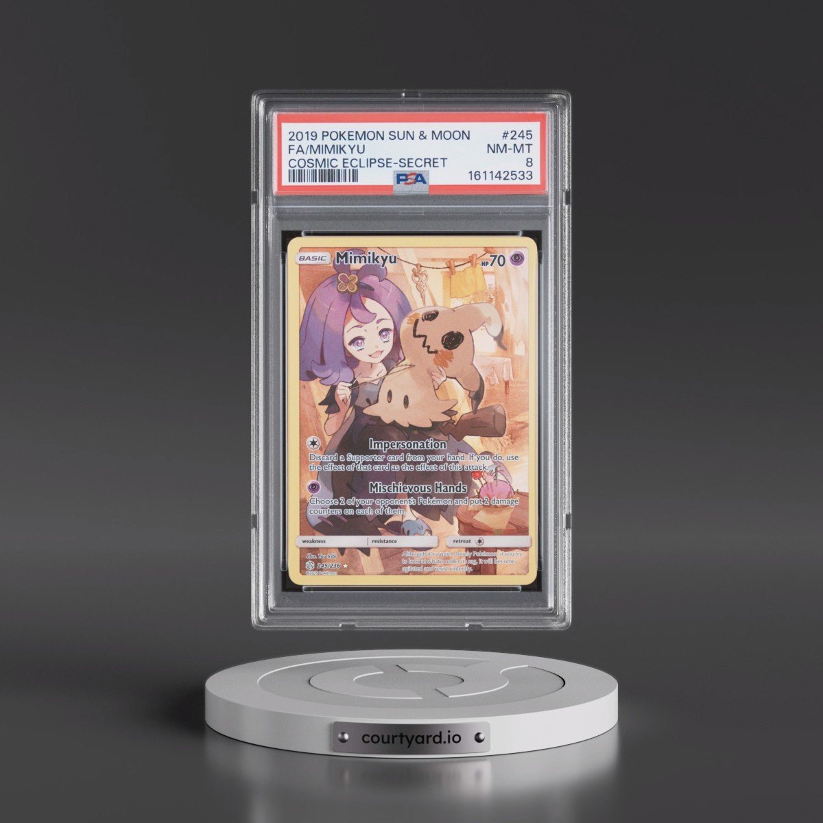 2019 Pokémon Sun & Moon Cosmic Eclipse #245 Mimikyu - Full Art Secret (PSA 8 NM-MT)