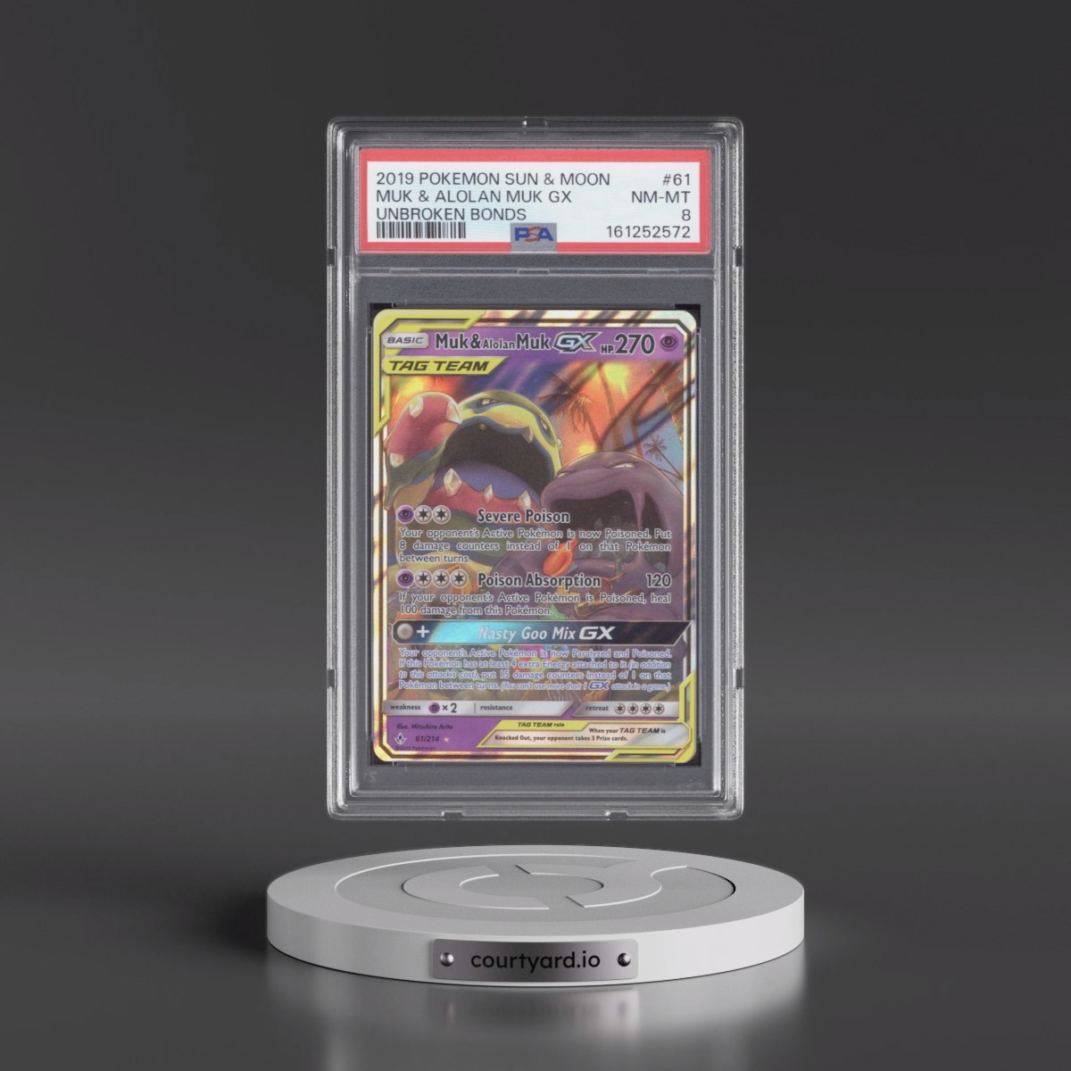 2019 Pokémon Sun & Moon Unbroken Bonds #61 Muk & Alolan Muk GX - Holo (PSA 8 NM-MT)