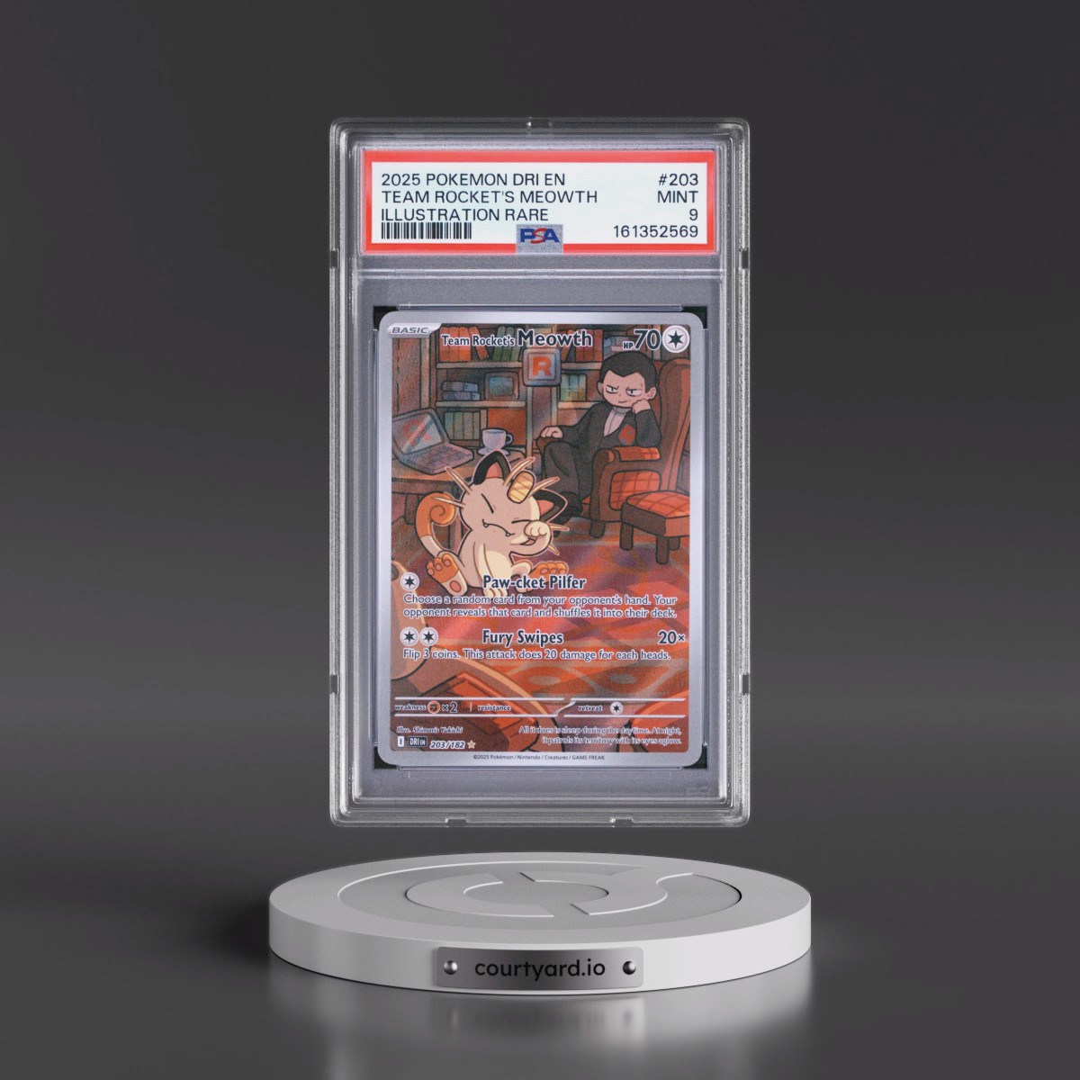 2025 Pokémon Dri EN-Destined Rivals #203 Team Rocket's Meowth - Illustration Rare (PSA 9 MINT)