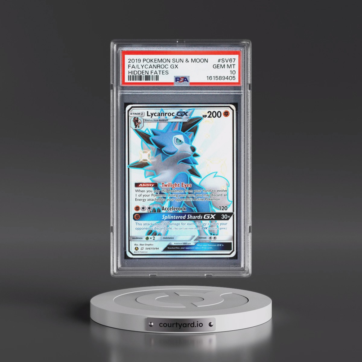 2019 Pokémon Sun & Moon Hidden Fates #SV67 Lycanroc GX - Holo Full Art (PSA 10 GEM MINT)