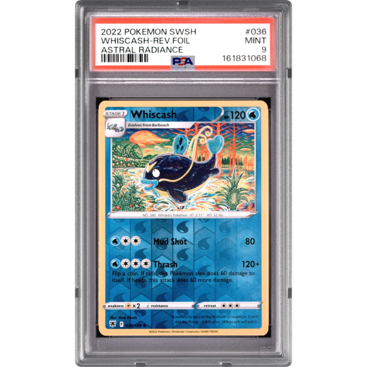 2022 Pokémon Sword & Shield Astral Radiance #036 Whiscash - Reverse Foil (PSA 9 MINT)