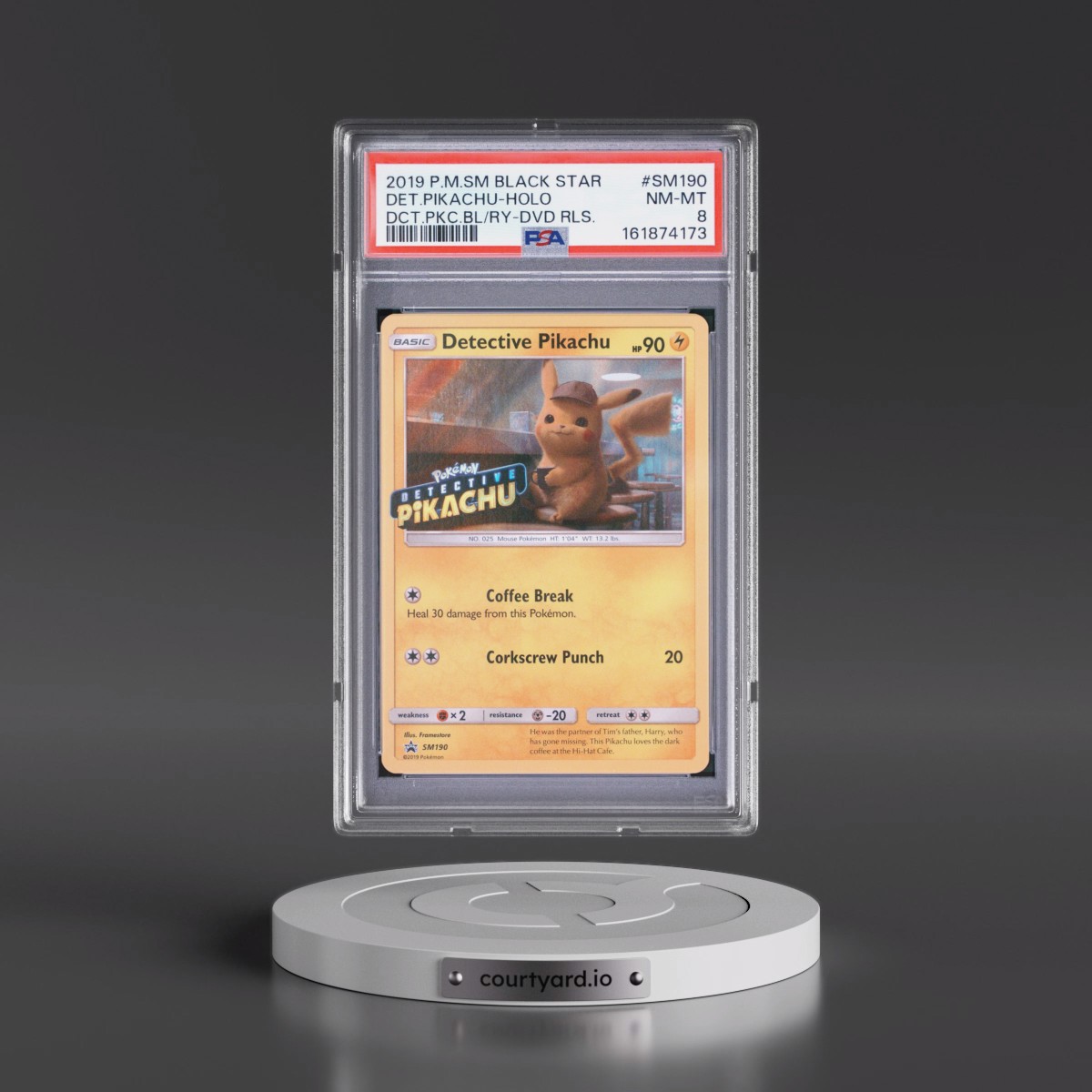 2019 Pokémon SM Black Star Promo #SM190 Detective Pikachu - Holo Detective Pikachu Blu-Ray & Dvd Release (PSA 8 NM-MT)