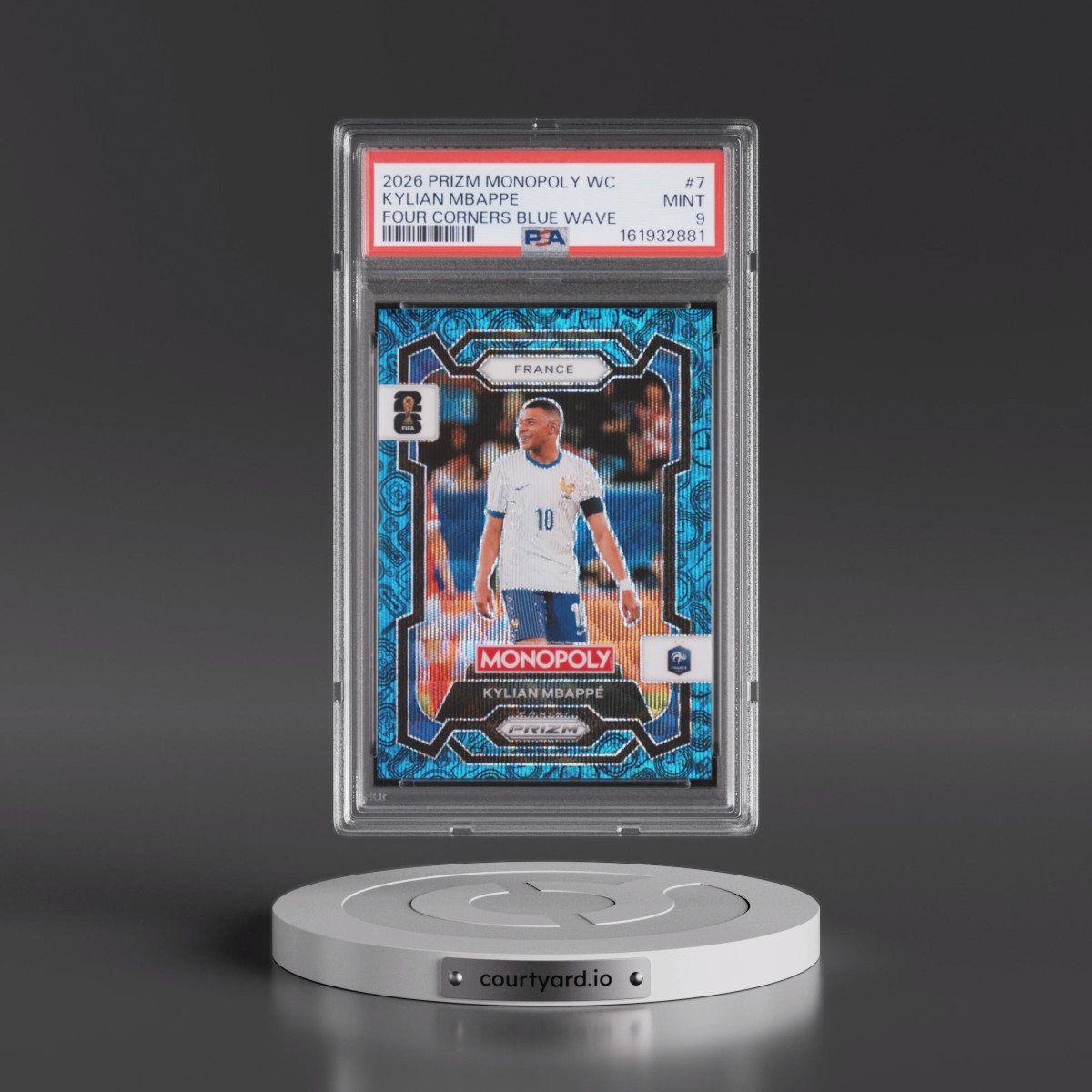 2026 Panini Prizm Monopoly FIFA World Cup #7 Kylian Mbappe - Four Corners Blue Wave (PSA 9 MINT)