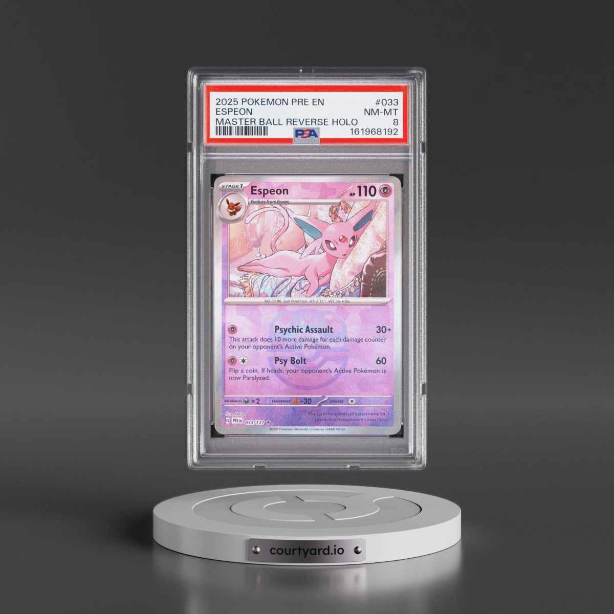 2025 Pokémon Pre EN-Prismatic Evolutions #033 Espeon - Reverse Holo Master Ball (PSA 8 NM-MT)