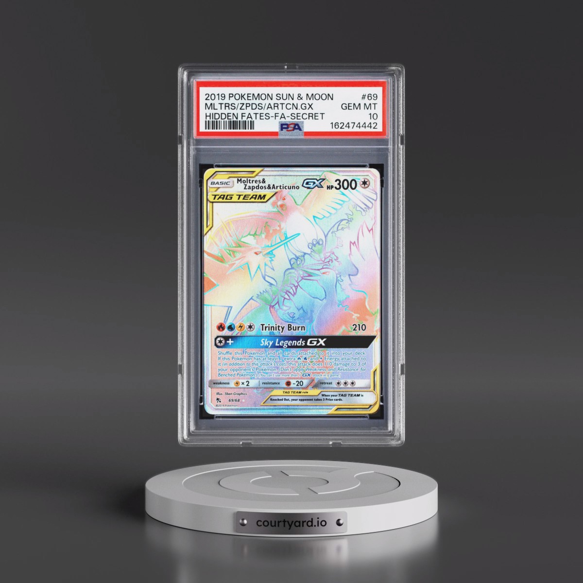 2019 Pokémon Sun & Moon Hidden Fates #69 Moltres & Zapdos & Articuno GX - Holo Full Art Secret (PSA 10 GEM MINT)