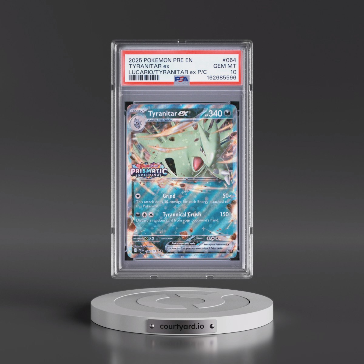2025 Pokémon Pre EN-Prismatic Evolutions #064 Tyranitar EX - Holo Lucario EX & Tyranitar EX Premium Collection (PSA 10 GEM MINT)