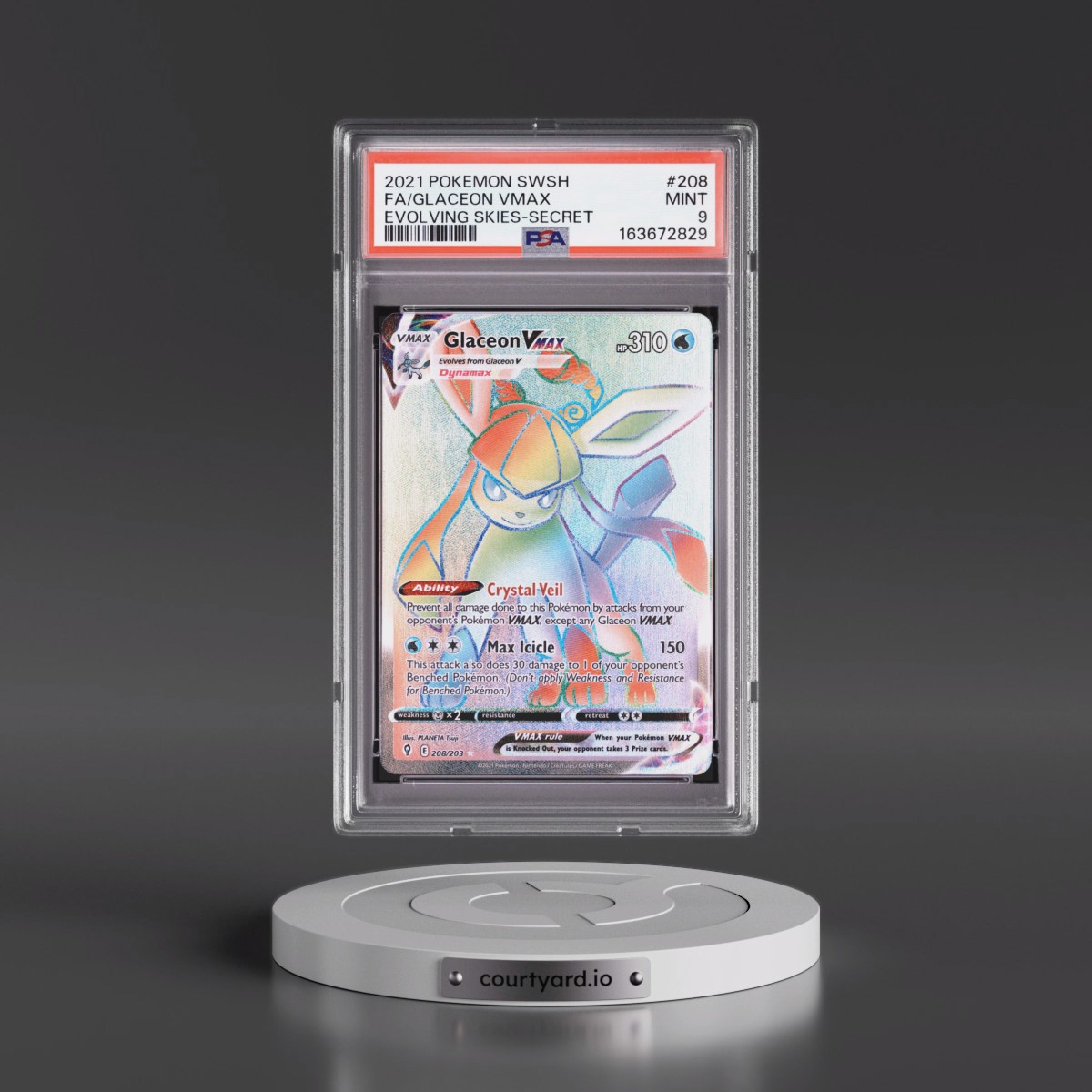 2021 Pokémon Sword & Shield Evolving Skies #208 Glaceon Vmax - Full Art Secret (PSA 9 MINT)