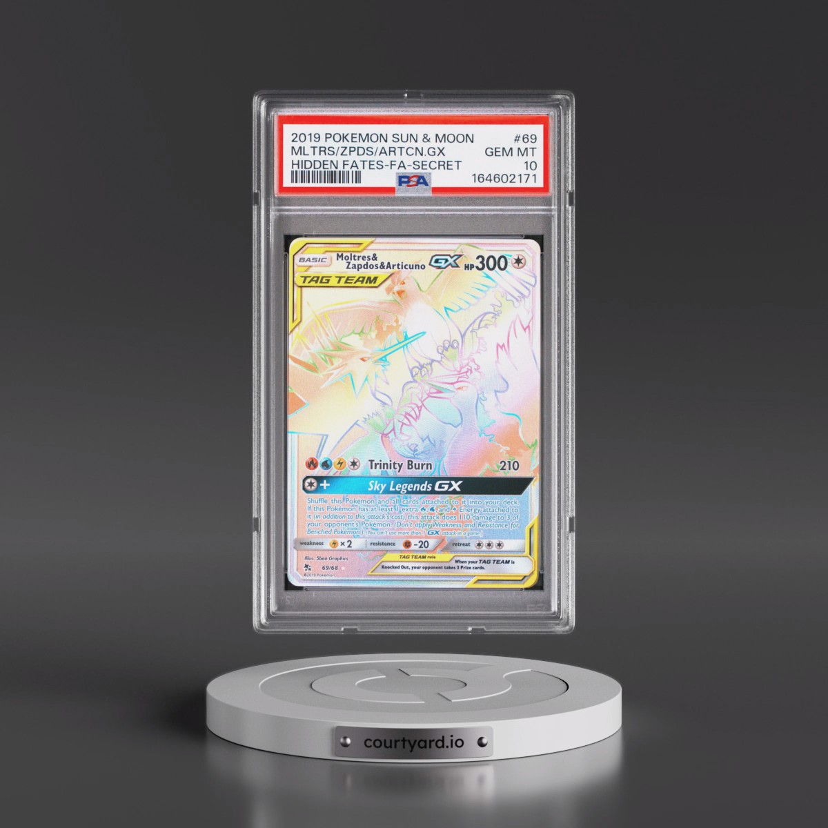 2019 Pokémon Sun & Moon Hidden Fates #69 Moltres & Zapdos & Articuno GX - Holo Full Art Secret (PSA 10 GEM MINT)