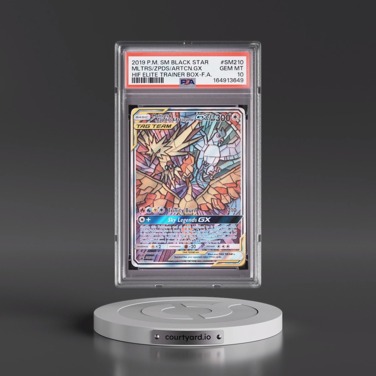 2019 Pokémon SM Black Star Promo #SM210 Moltres & Zapdos & Articuno GX - Holo Full Art Hidden Fates Elite Trainer Box (PSA 10 GEM MINT)