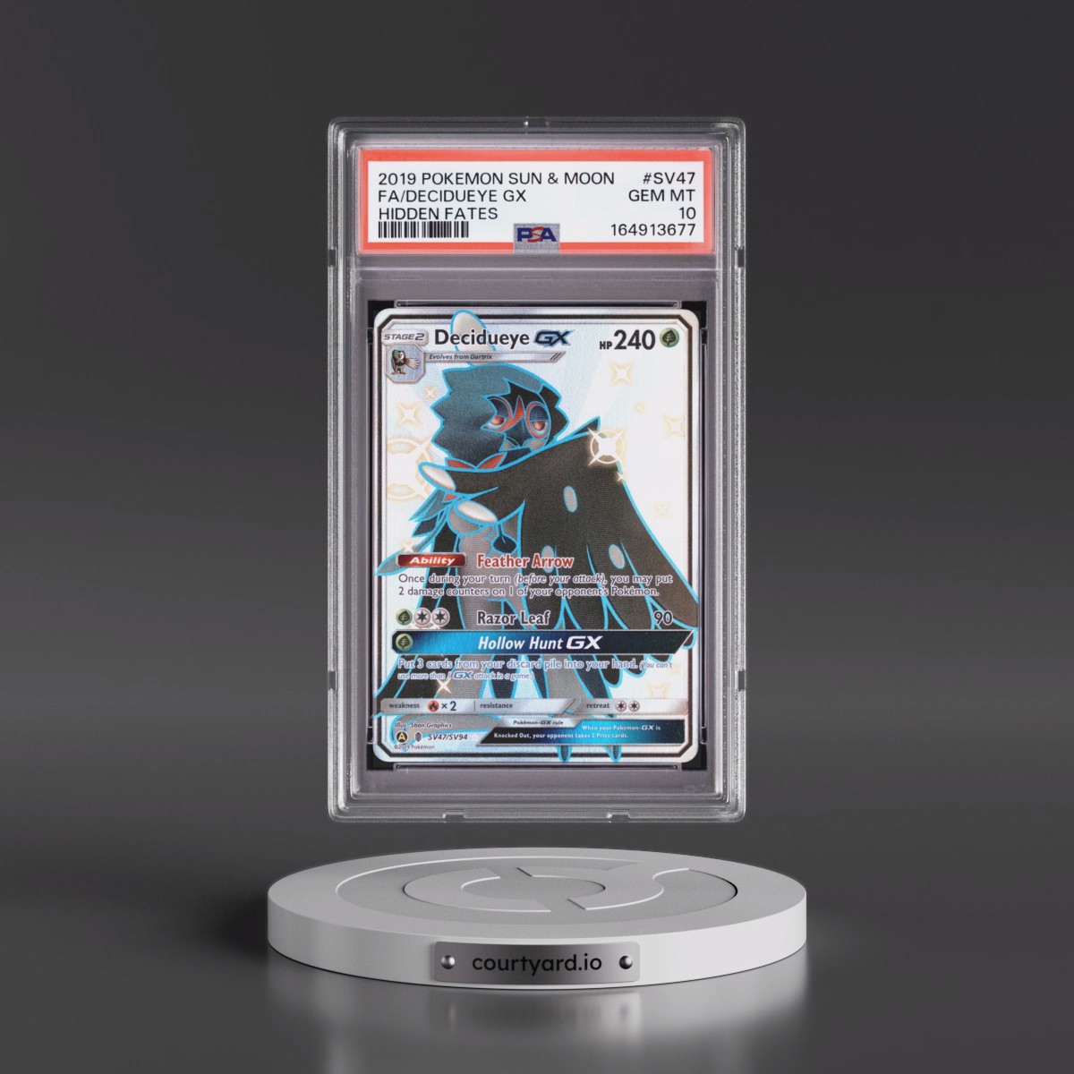 2019 Pokémon Sun & Moon Hidden Fates #SV47 Decidueye GX - Holo Full Art (PSA 10 GEM MINT)
