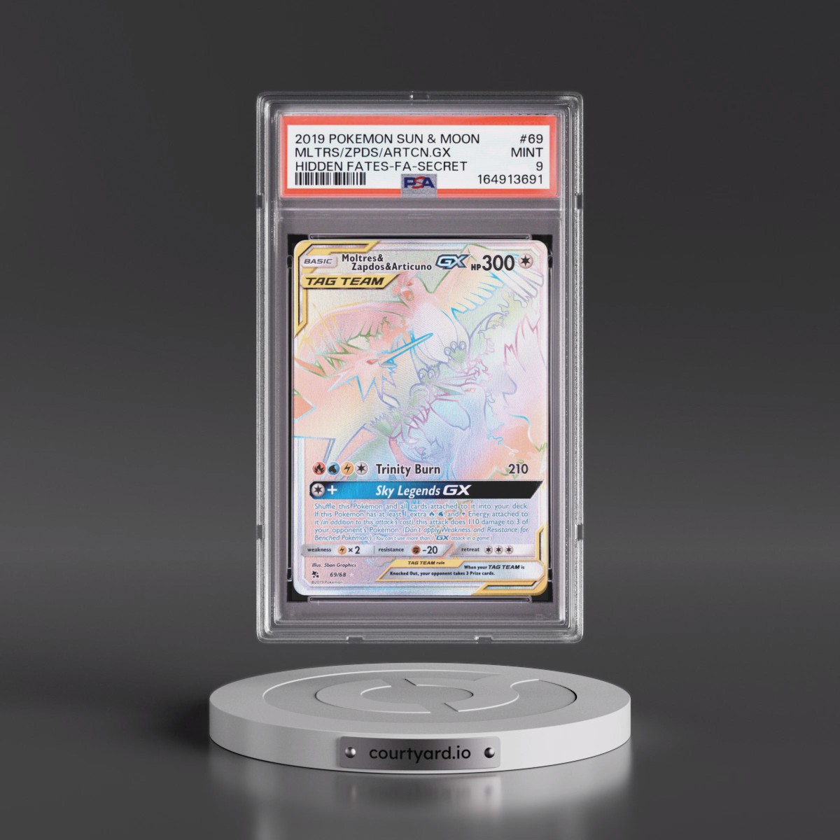 2019 Pokémon Sun & Moon Hidden Fates #69 Moltres & Zapdos & Articuno GX - Holo Full Art Secret (PSA 9 MINT)