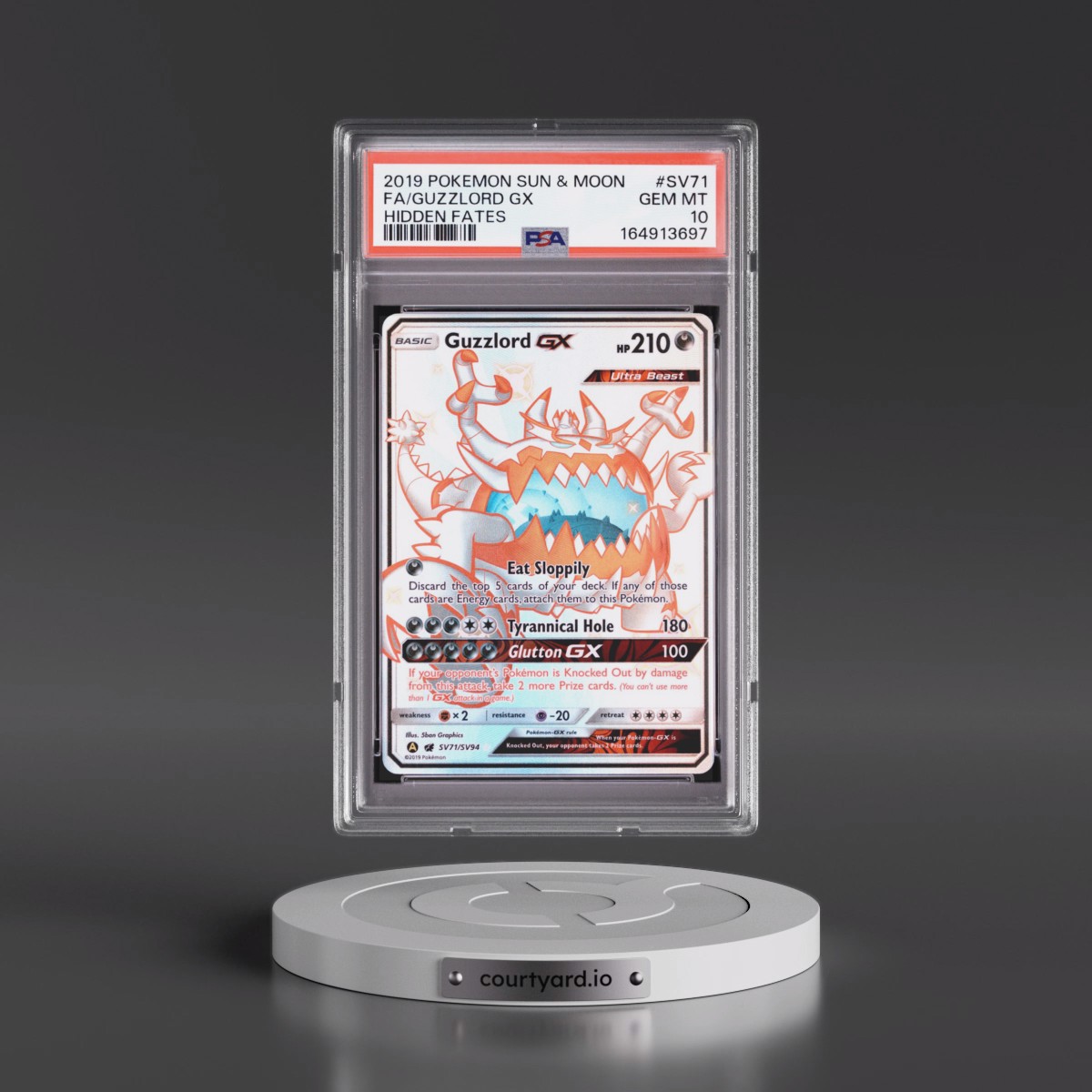 2019 Pokémon Sun & Moon Hidden Fates #SV71 Guzzlord GX - Holo Full Art (PSA 10 GEM MINT)