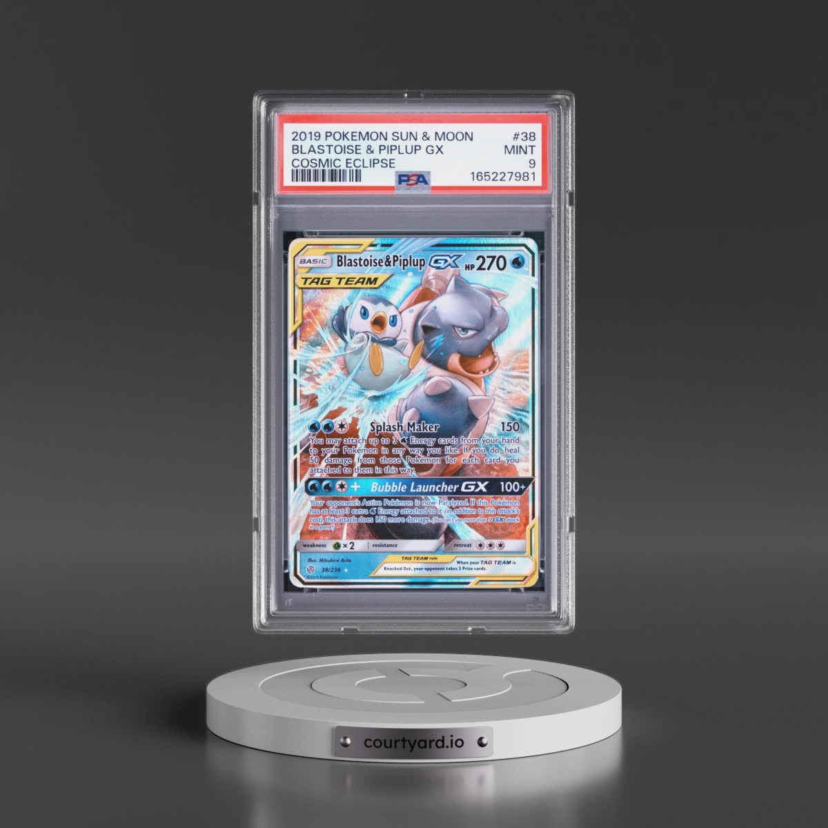2019 Pokémon Sun & Moon Cosmic Eclipse #38 Blastoise & Piplup GX - Holo (PSA 9 MINT)