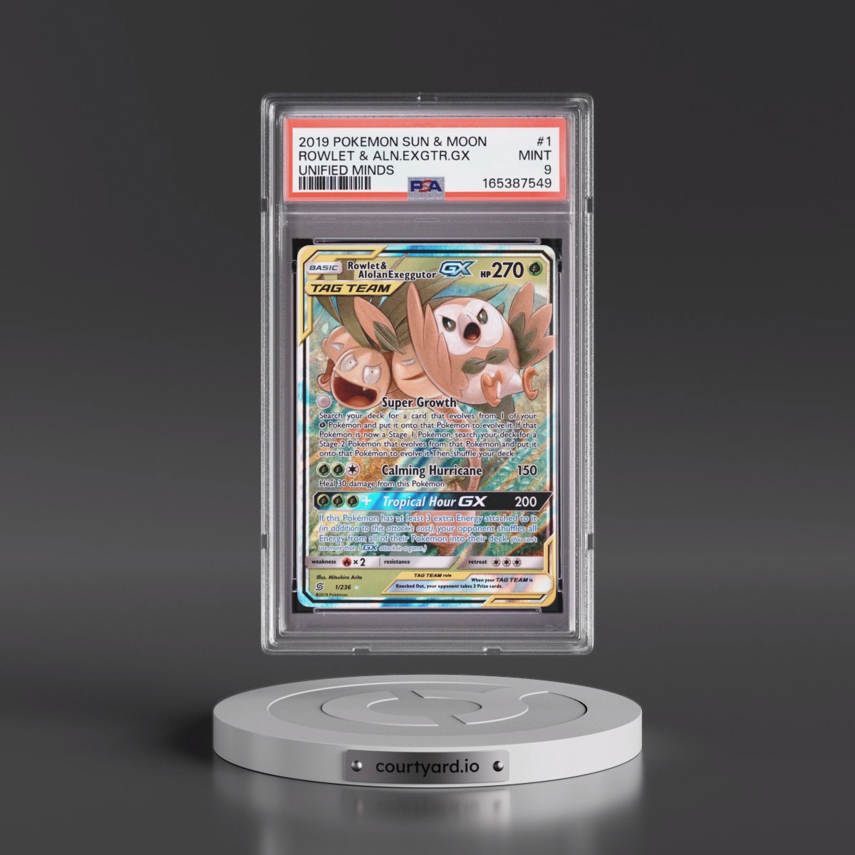 2019 Pokémon Sun & Moon Unified Minds #1 Rowlet & Alolan Exeggutor GX - Holo (PSA 9 MINT)