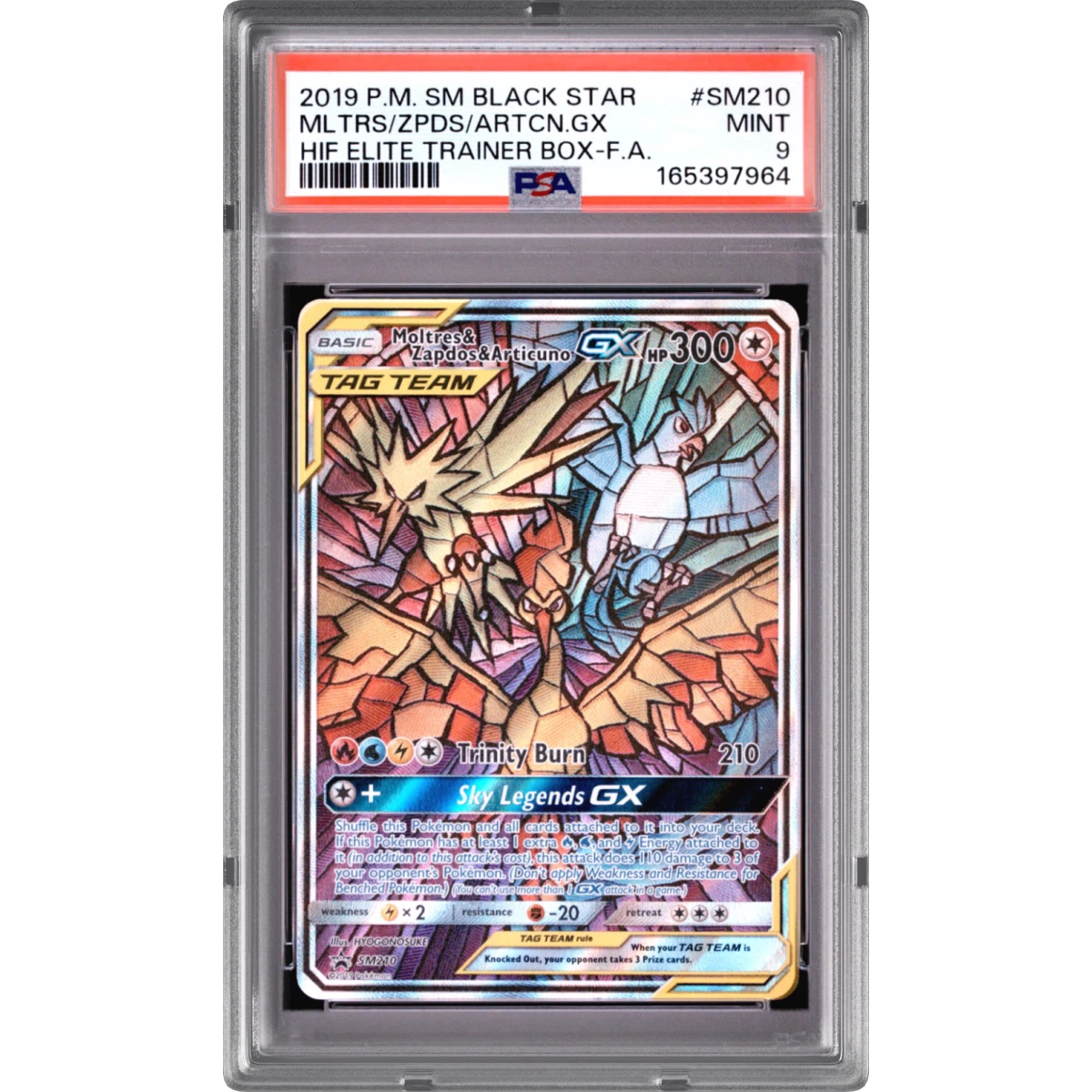 2019 Pokémon SM Black Star Promo #SM210 Moltres & Zapdos & Articuno GX - Holo Full Art Hidden Fates Elite Trainer Box (PSA 9 MINT)