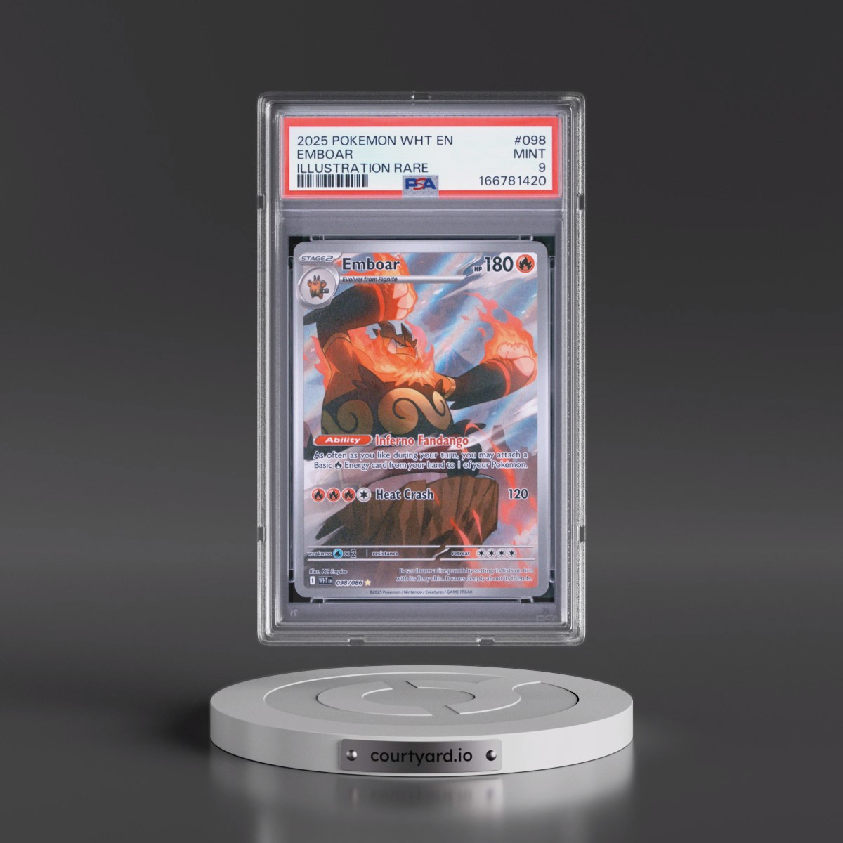 2025 Pokémon Wht EN-White Flare #098 Emboar - Illustration Rare (PSA 9 MINT)