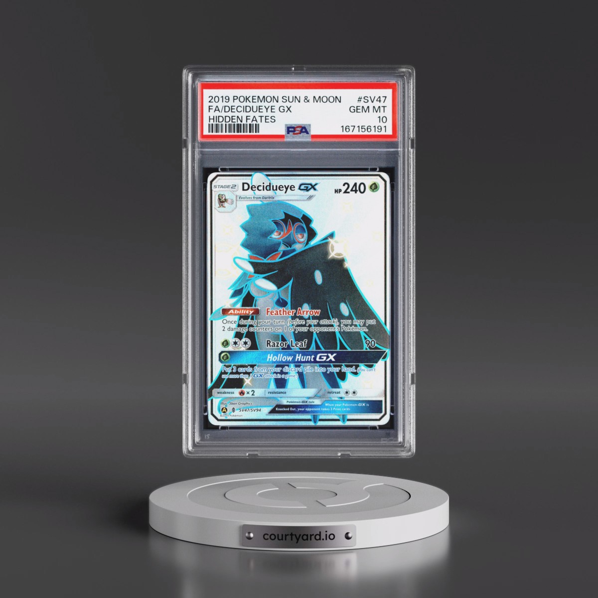 2019 Pokémon Sun & Moon Hidden Fates #SV47 Decidueye GX - Holo Full Art (PSA 10 GEM MINT)