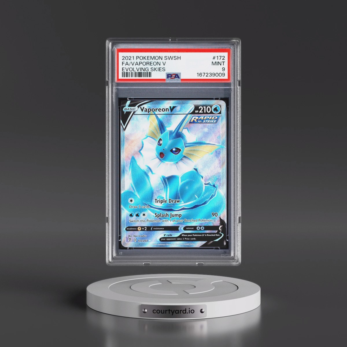 2021 Pokémon Sword & Shield Evolving Skies #172 Vaporeon V - Holo Full Art (PSA 9 MINT)